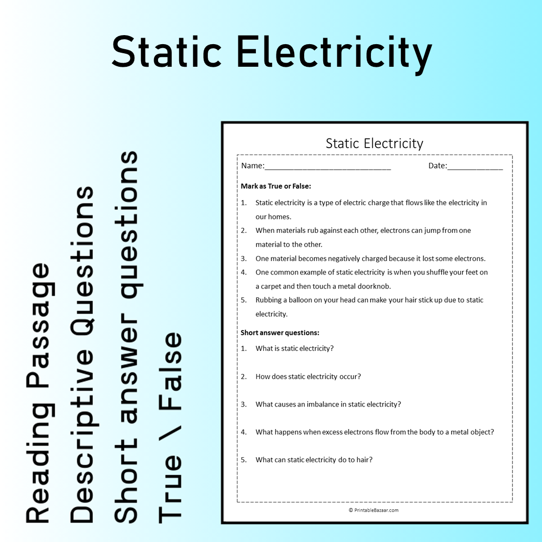 Static Electricity | Reading Comprehension Passage Printable Worksheet