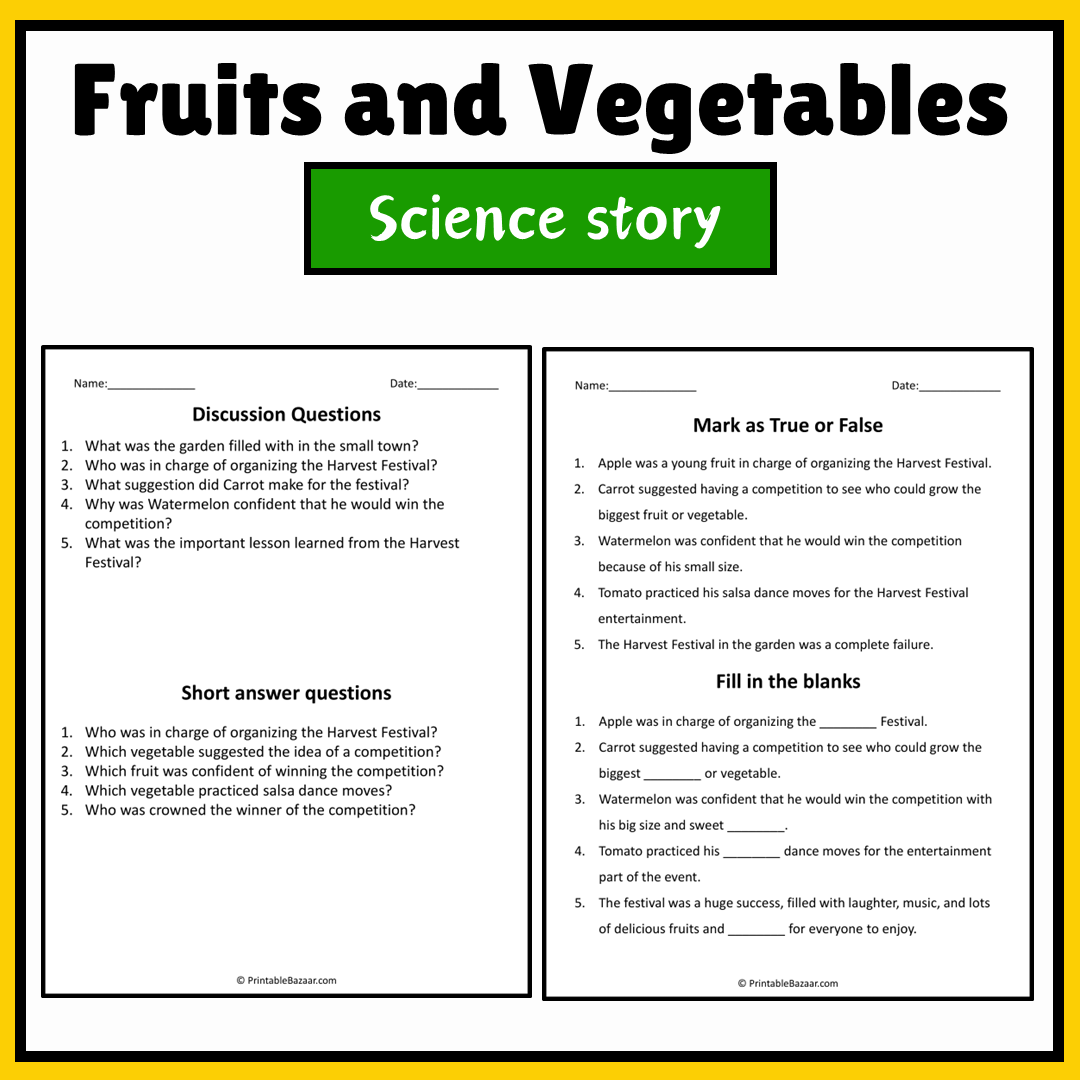 Fruits and Vegetables | Science Story Reading Comprehension Activity