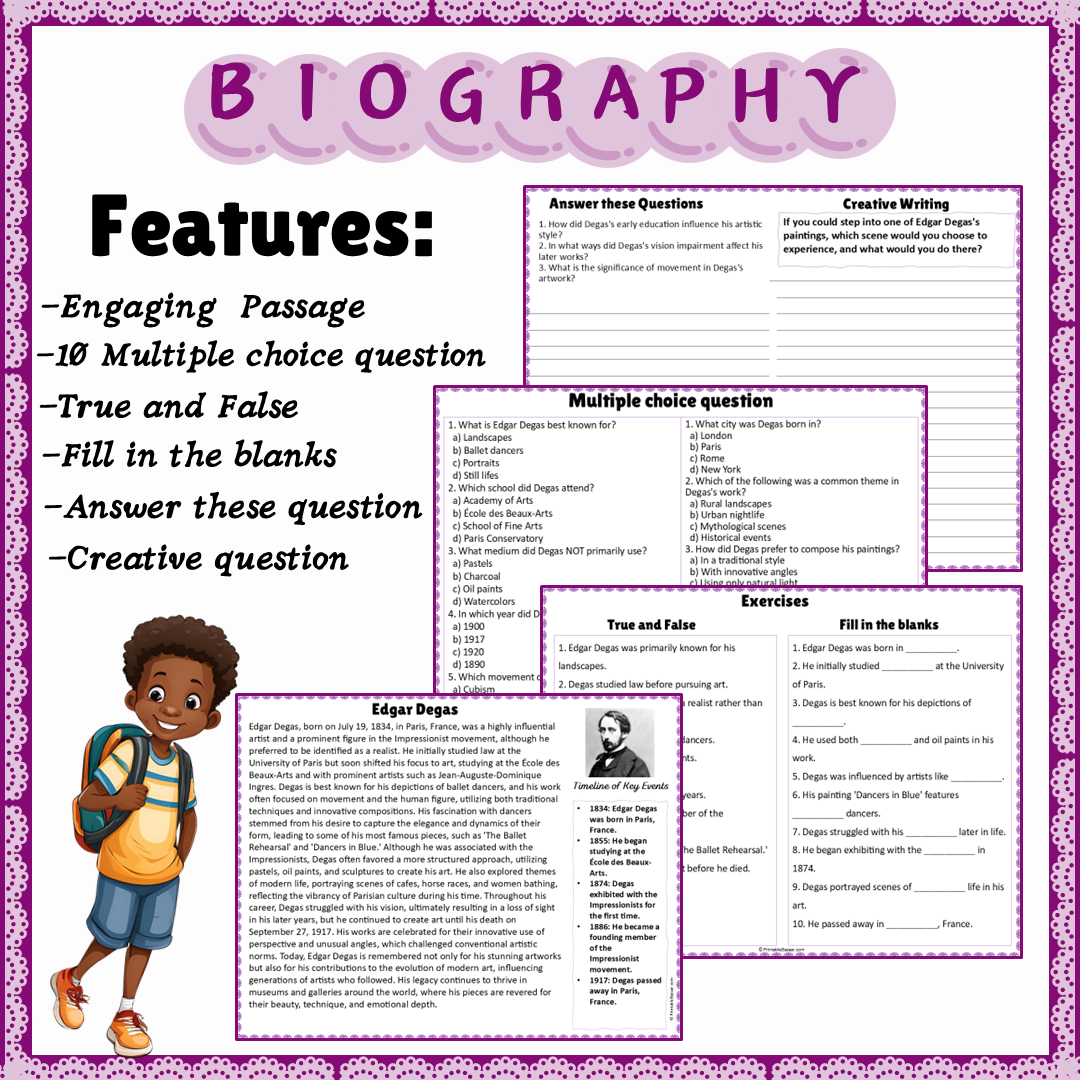 Edgar Degas | Biography Reading Comprehension and Questions Worksheet