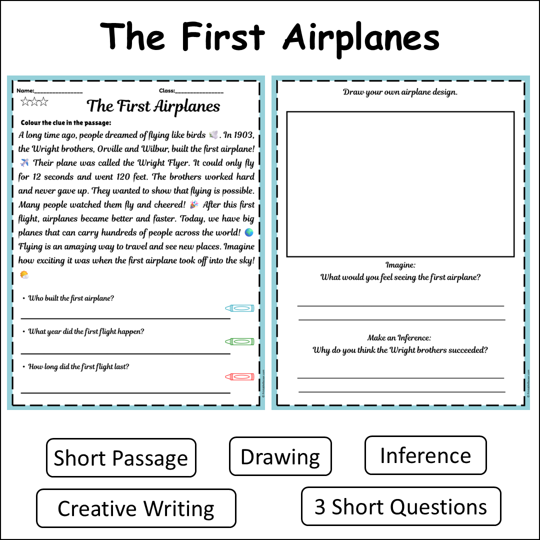 The First Airplanes | Short Reading Comprehension Creative Worksheet
