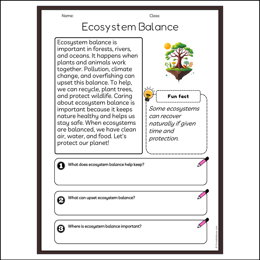 Ecosystem Balance | Reading Passage Comprehension Questions Writing Facts Worksheet