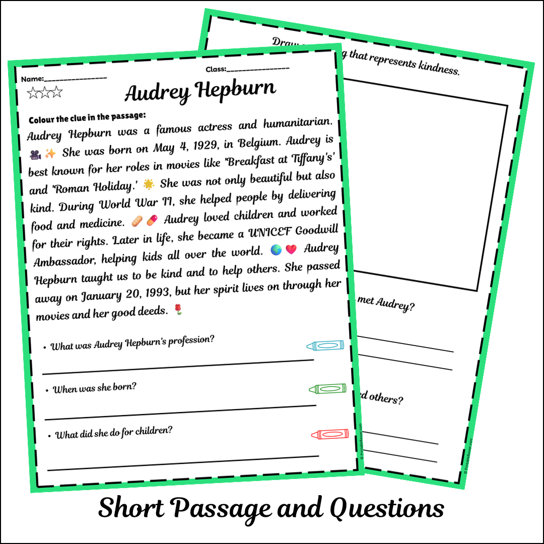 Audrey Hepburn | Short Reading Comprehension Creative Worksheet