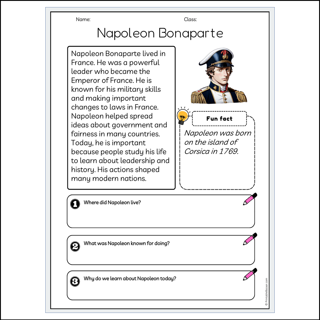 Napoleon Bonaparte | Reading Passage Comprehension Questions Writing Facts Worksheet