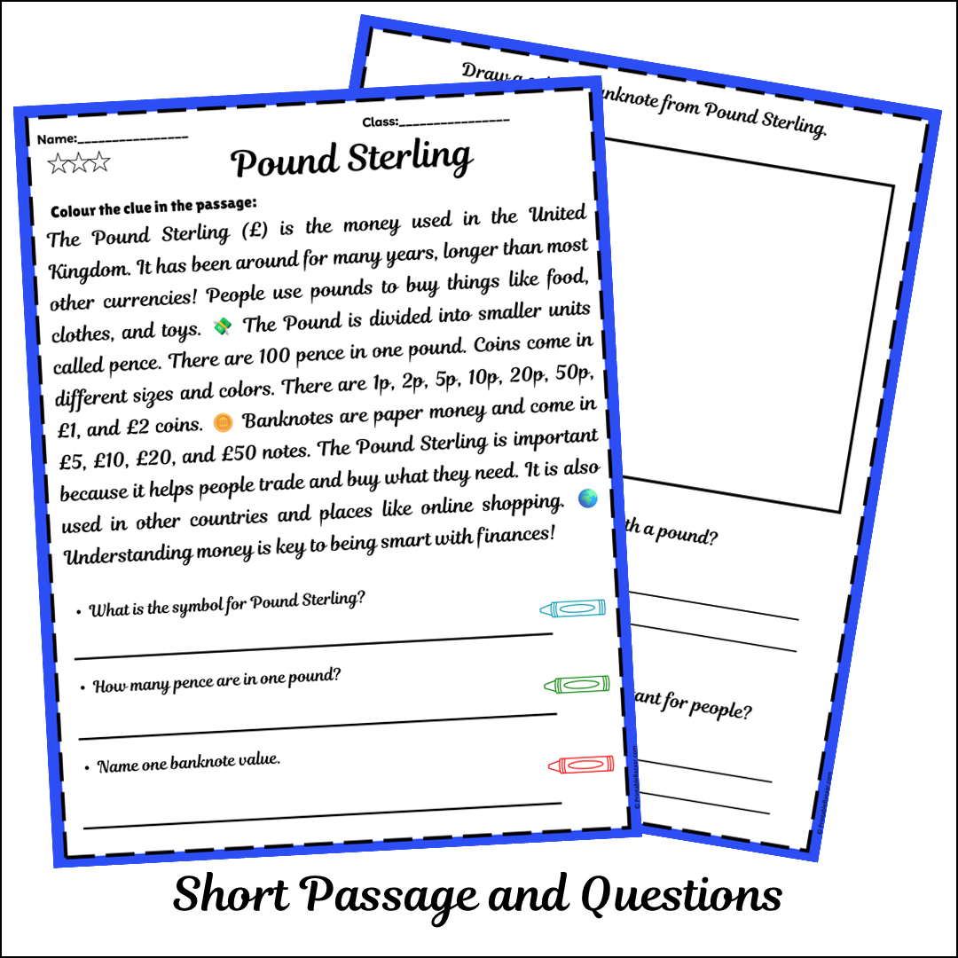 Pound Sterling | Short Reading Comprehension Creative Worksheet