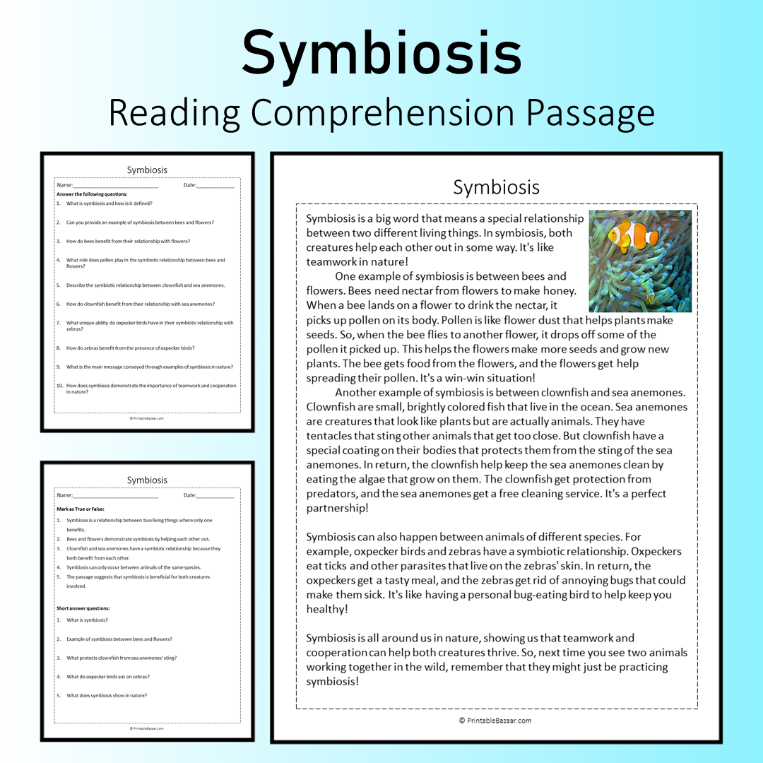Symbiosis | Reading Comprehension Passage Printable Worksheet