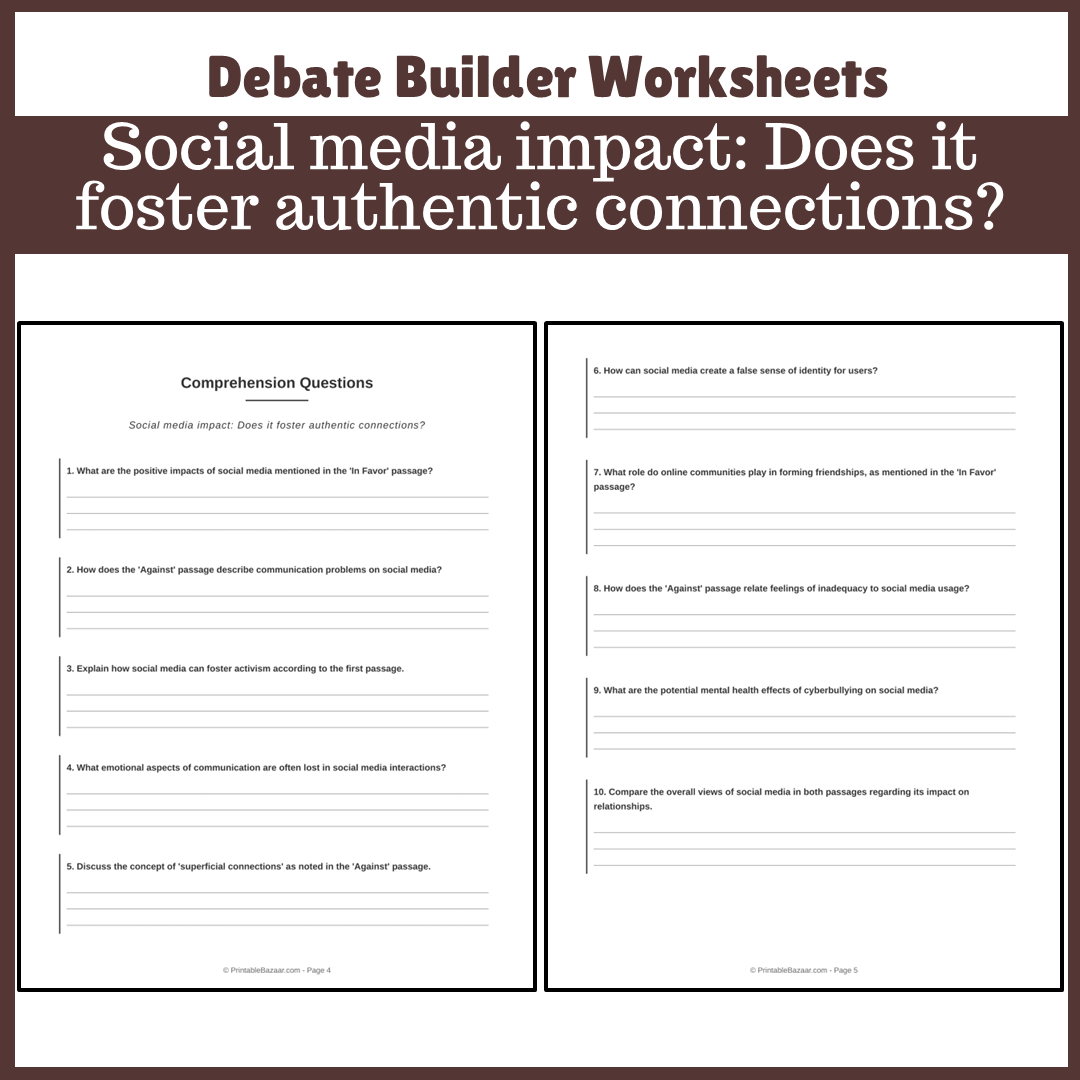 Social media impact: Does it foster authentic connections? | Favour and Against Worksheet Printable Activity
