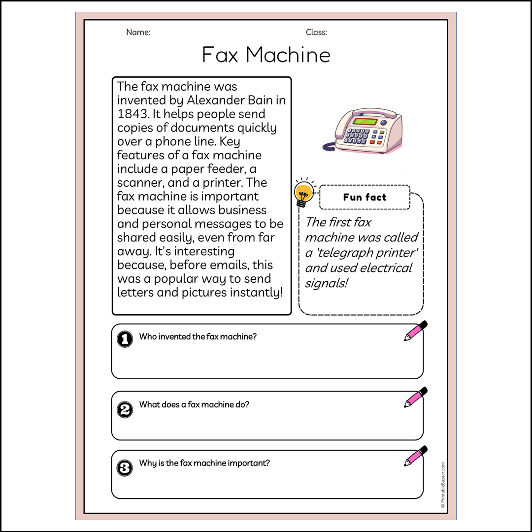 Fax Machine | Reading Passage Comprehension Questions Writing Facts Worksheet