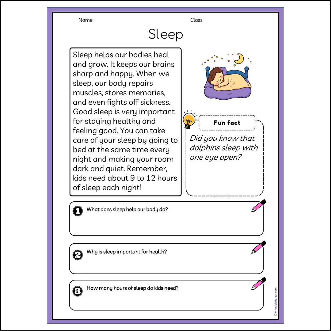 Sleep | Reading Passage Comprehension Questions Writing Facts Worksheet