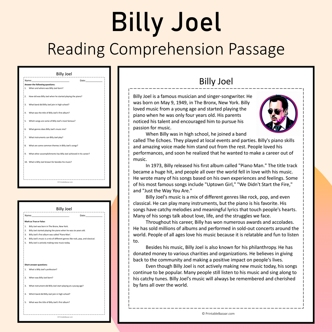 Billy Joel | Reading Comprehension Passage Printable Activity