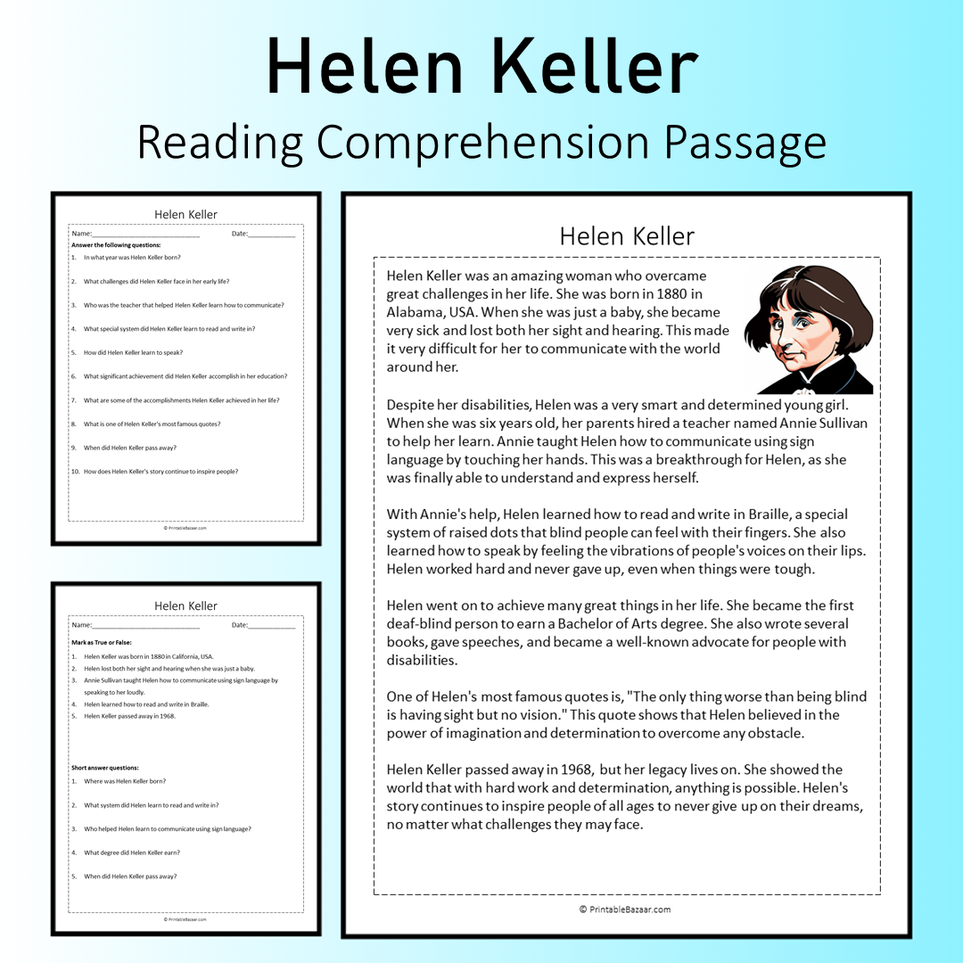 Helen Keller | Reading Comprehension Passage Printable Worksheet