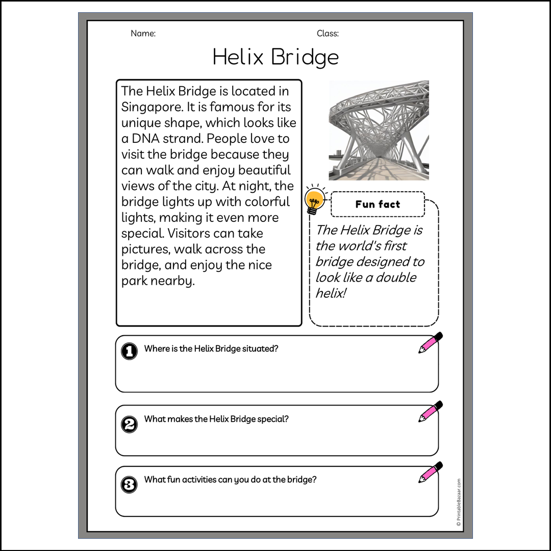 Helix Bridge | Reading Passage Comprehension Questions Writing Facts Worksheet