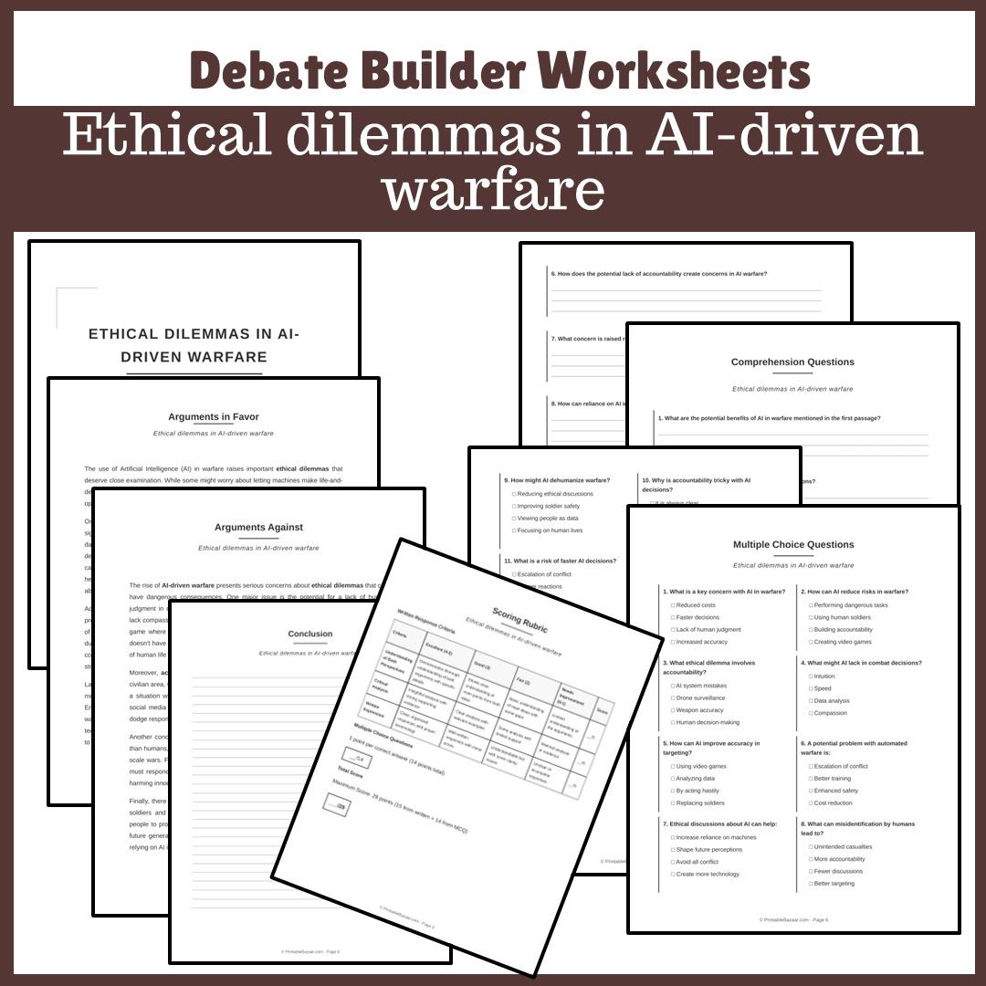 Ethical dilemmas in AI-driven warfare | Favour and Against Worksheet Printable Activity