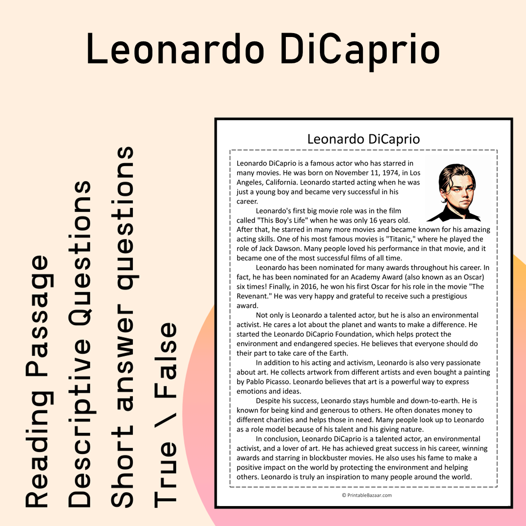 Leonardo DiCaprio | Reading Comprehension Passage Printable Activity