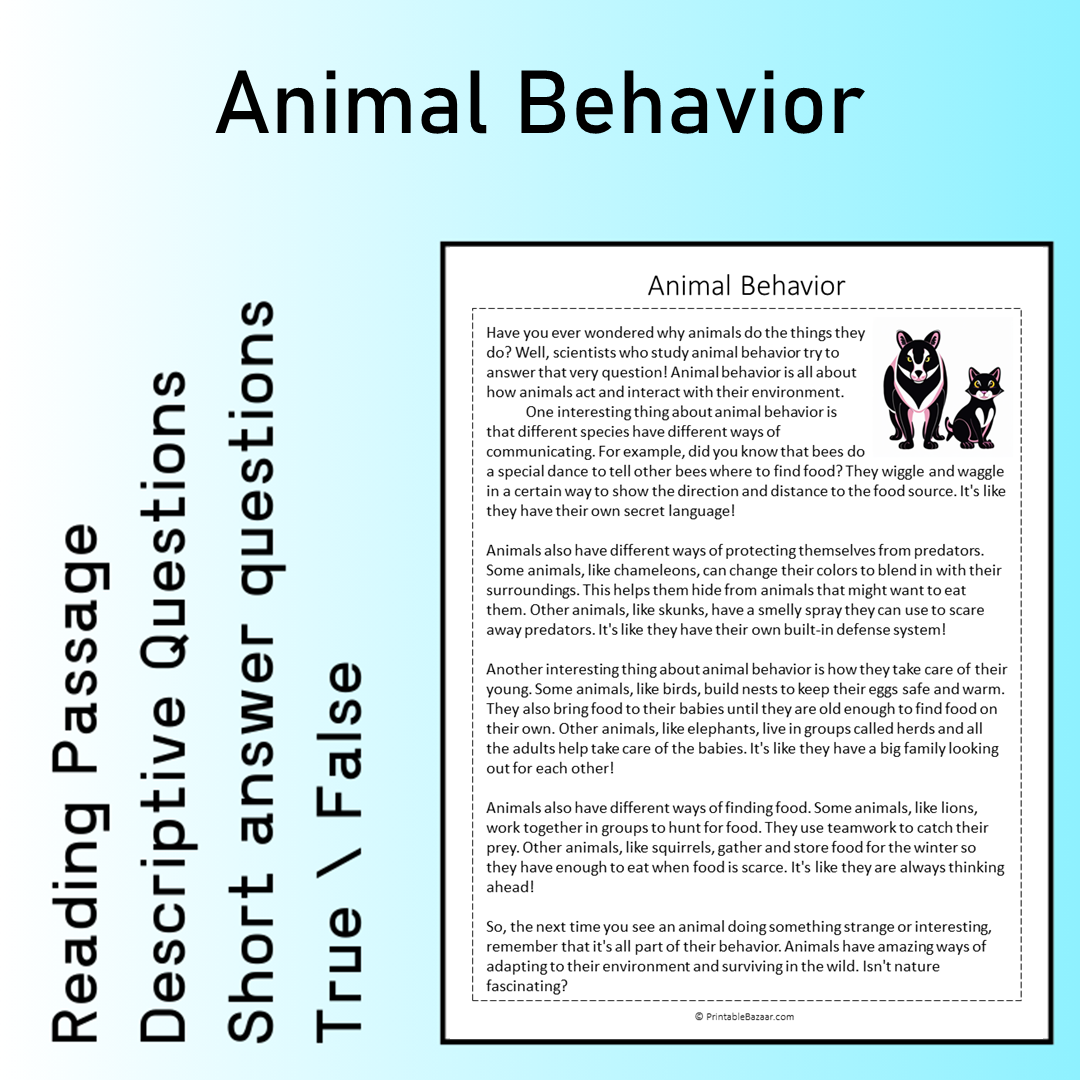 Animal Behavior | Reading Comprehension Passage Printable Worksheet