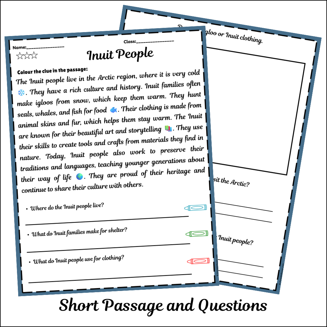 Inuit People | Short Reading Comprehension Creative Worksheet