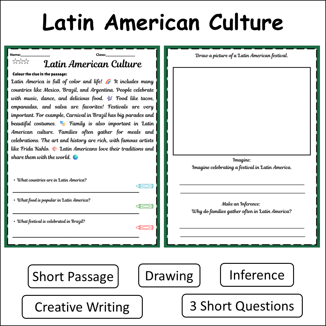 Latin American Culture | Short Reading Comprehension Creative Worksheet