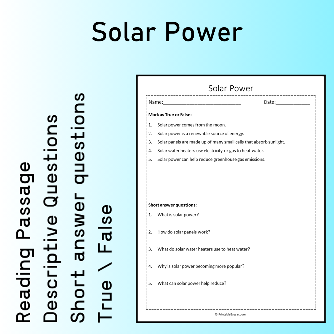 Solar Power | Reading Comprehension Passage Printable Worksheet