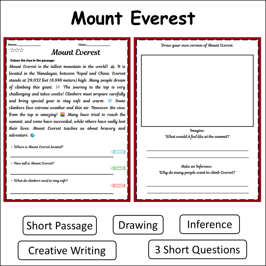 Mount Everest | Short Reading Comprehension Creative Worksheet