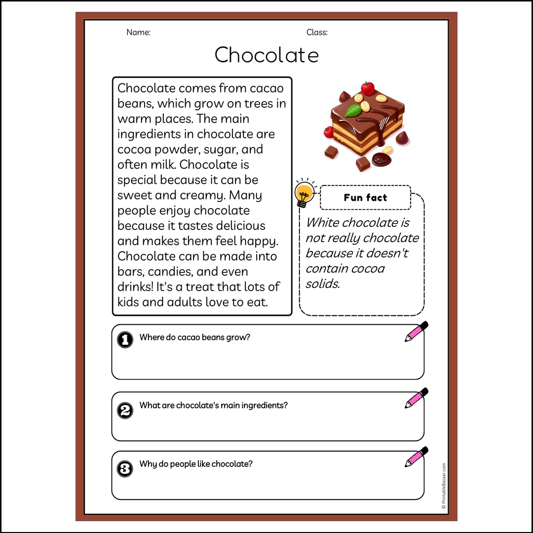 Chocolate | Reading Passage Comprehension Questions Writing Facts Worksheet