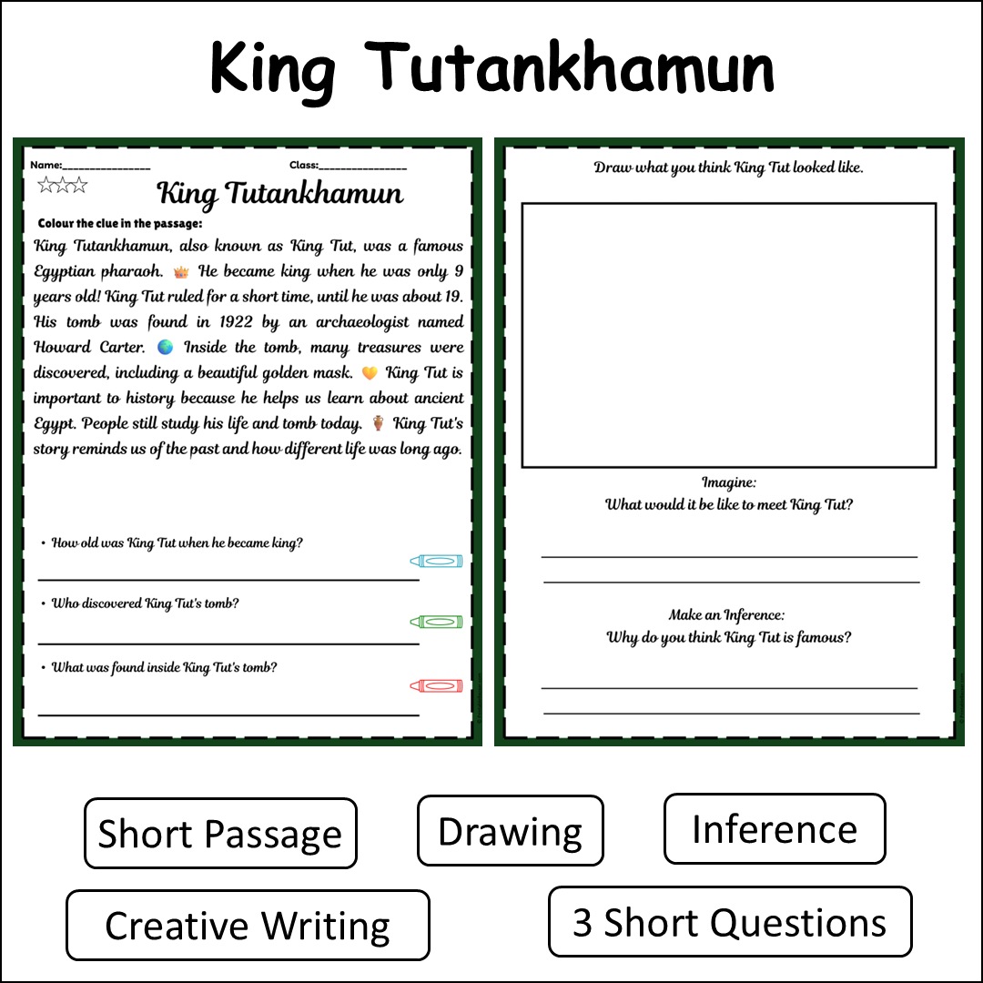 King Tutankhamun | Short Reading Comprehension Creative Worksheet