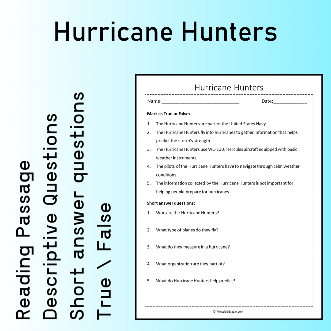 Hurricane Hunters | Reading Comprehension Passage Printable Worksheet