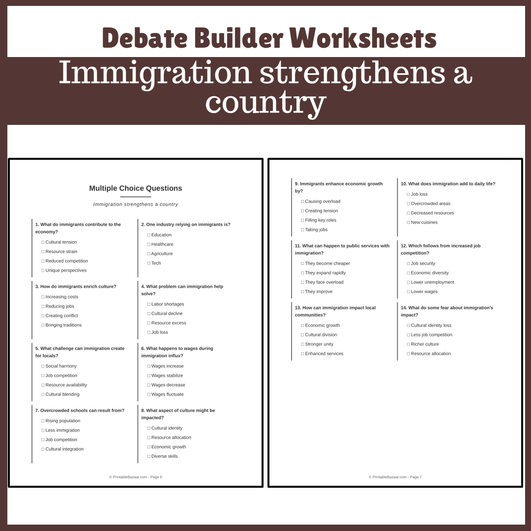 Immigration strengthens a country | Favour and Against Worksheet Printable Activity