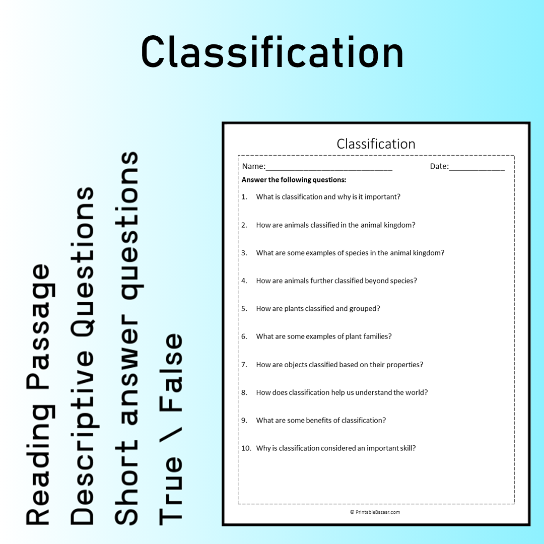 Classification | Reading Comprehension Passage Printable Worksheet
