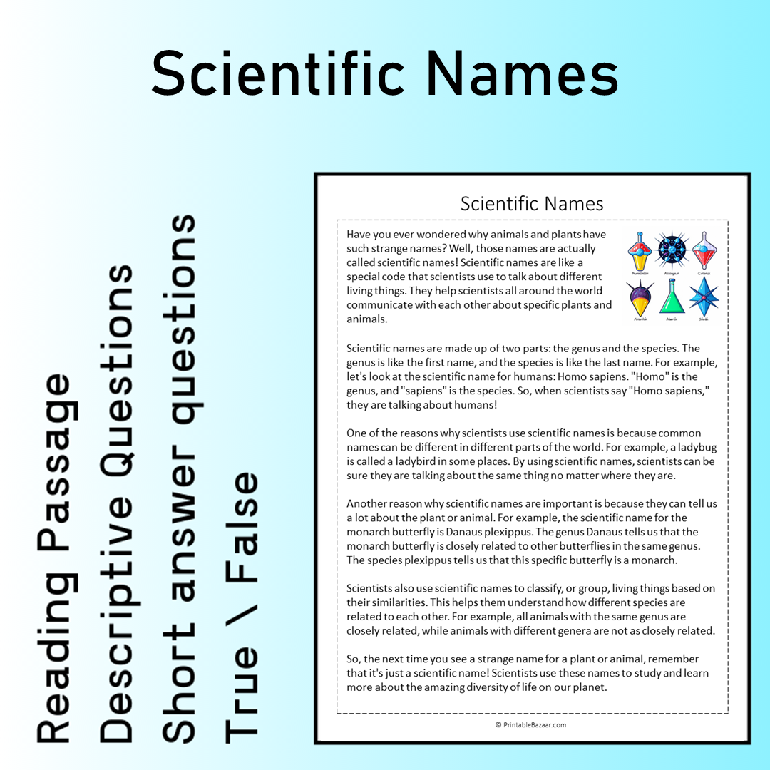 Scientific Names | Reading Comprehension Passage Printable Worksheet
