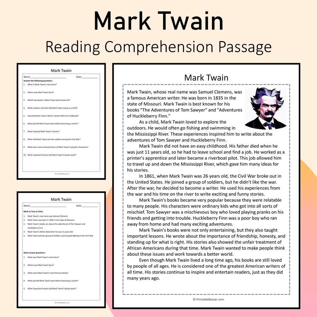 Mark Twain | Reading Comprehension Passage Printable Activity