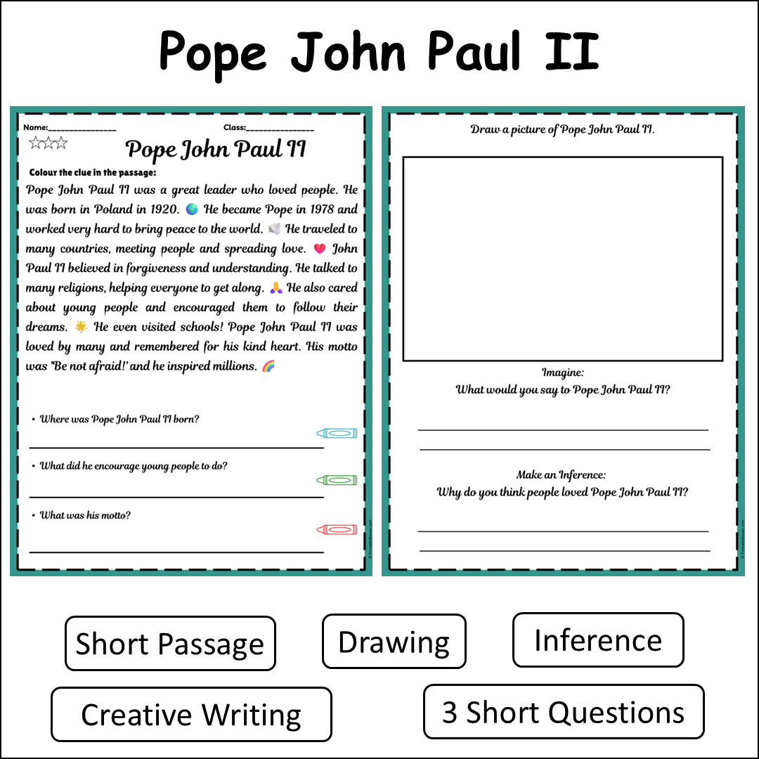Pope John Paul II | Short Reading Comprehension Creative Worksheet
