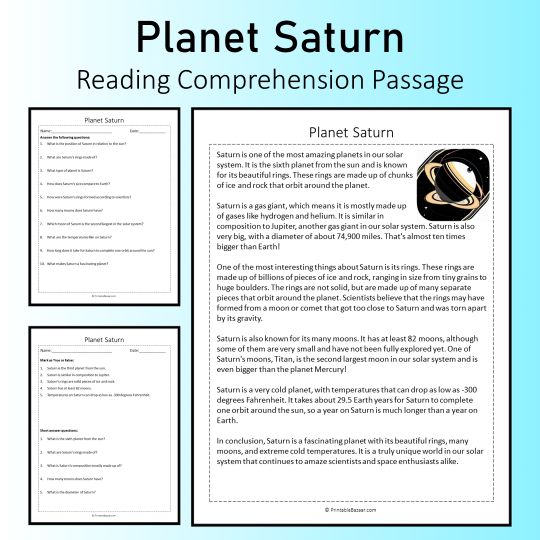 Planet Saturn | Reading Comprehension Passage Printable Worksheet