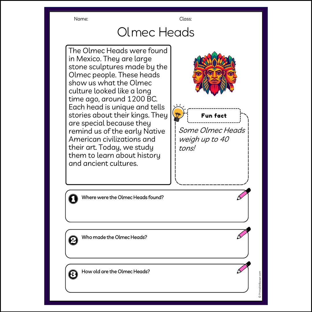 Olmec Heads | Reading Passage Comprehension Questions Writing Facts Worksheet