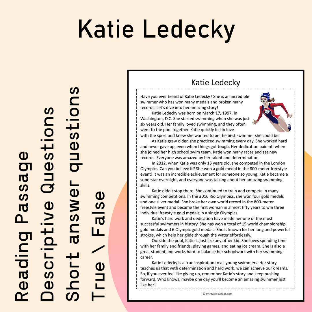 Katie Ledecky | Reading Comprehension Passage Printable Activity