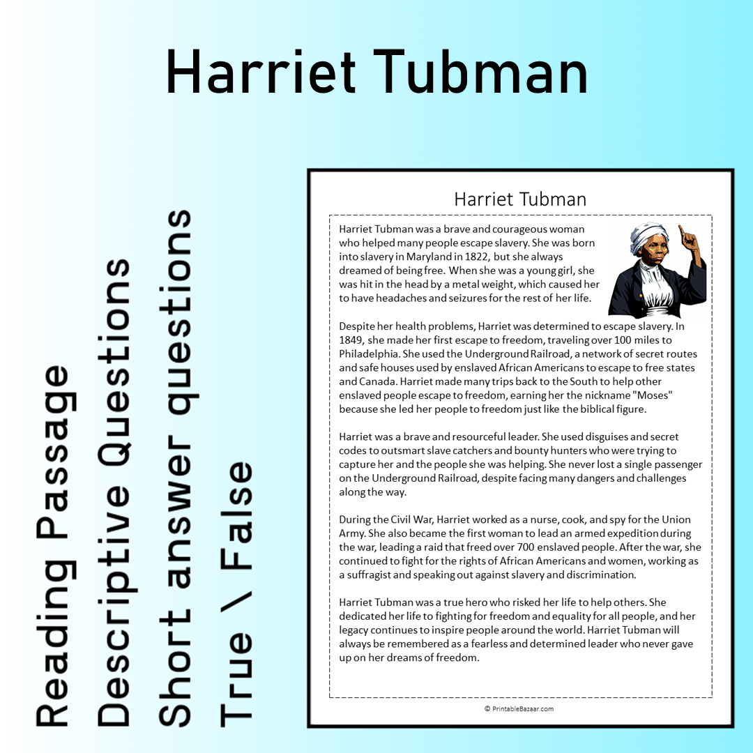 Harriet Tubman | Reading Comprehension Passage Printable Worksheet