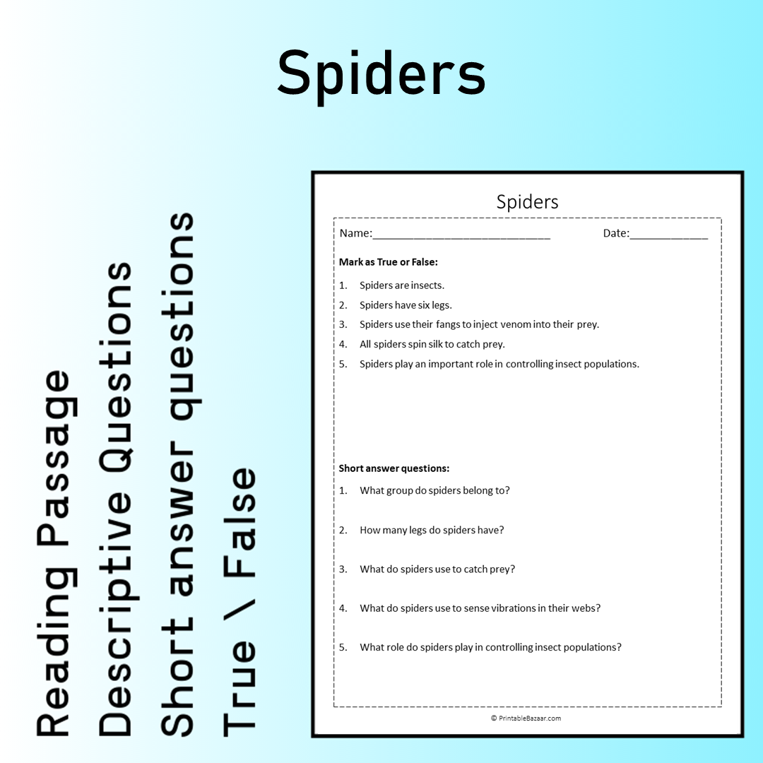 Spiders | Reading Comprehension Passage Printable Worksheet
