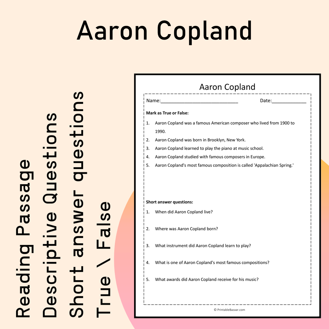 Aaron Copland | Reading Comprehension Passage Printable Activity