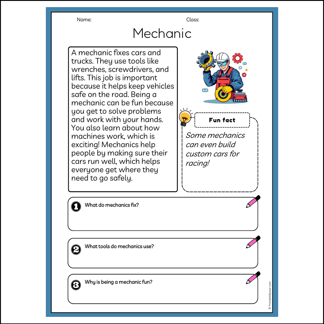Mechanic | Reading Passage Comprehension Questions Writing Facts Worksheet