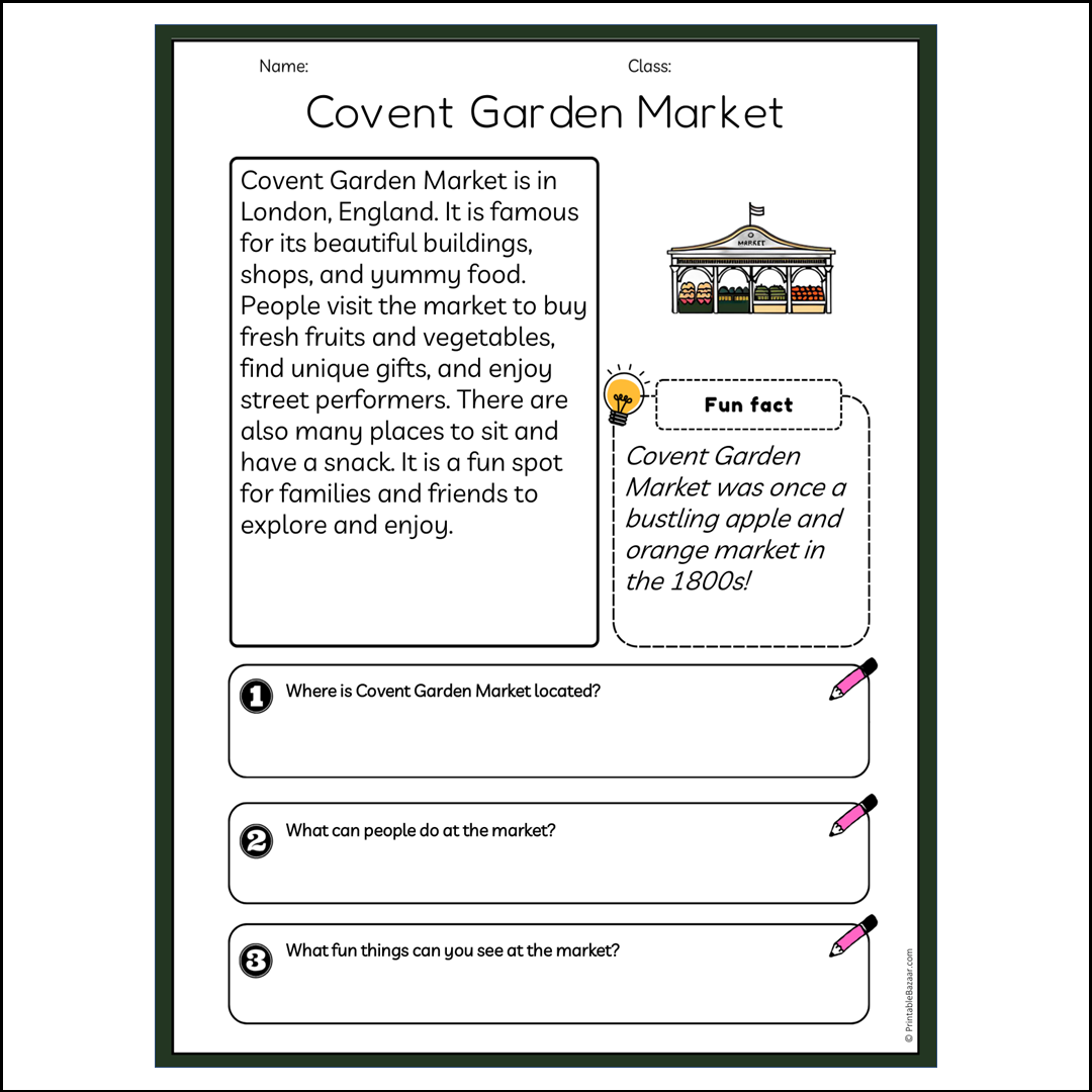 Covent Garden Market | Reading Passage Comprehension Questions Writing Facts Worksheet