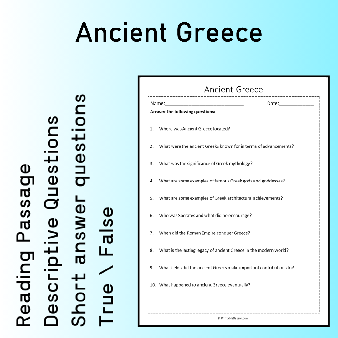 Ancient Greece | Reading Comprehension Passage Printable Worksheet