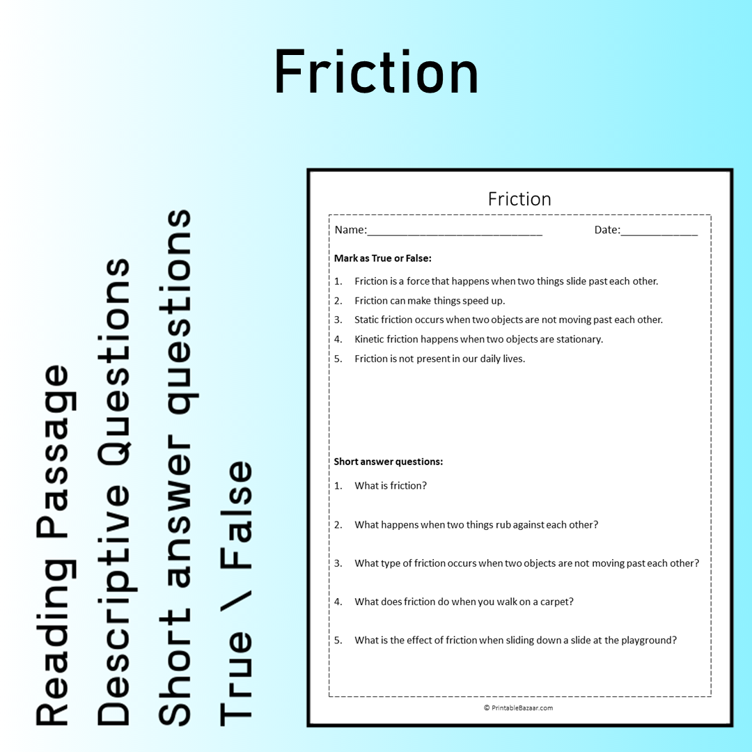 Friction | Reading Comprehension Passage Printable Worksheet