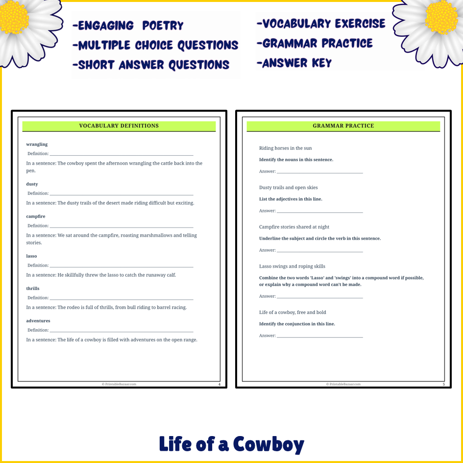 Life of a Cowboy | Poem Grammar Worksheet Printable Activity