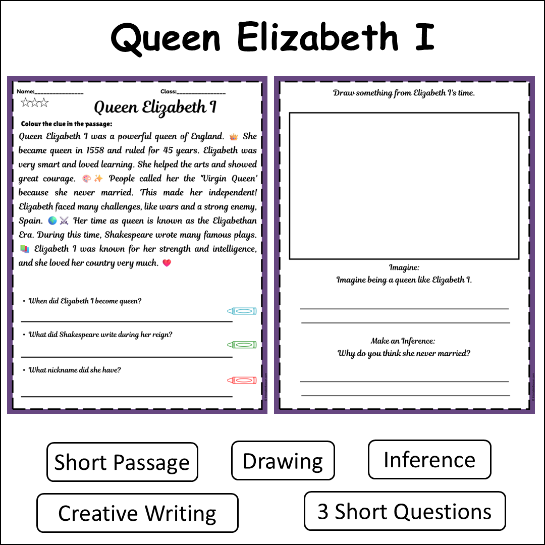 Queen Elizabeth I | Short Reading Comprehension Creative Worksheet