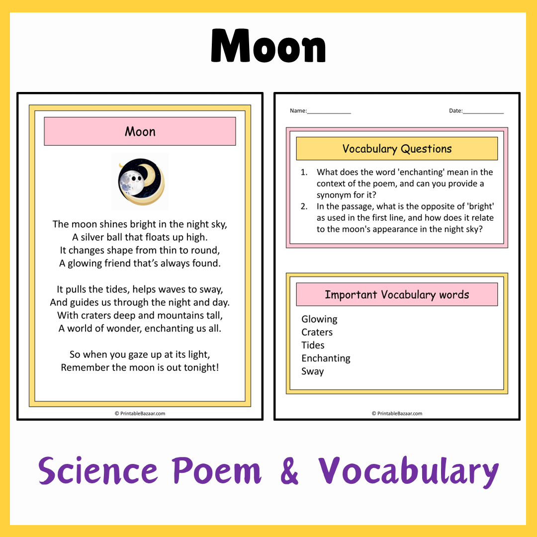 Moon | Science Poem Reading Comprehension Activity