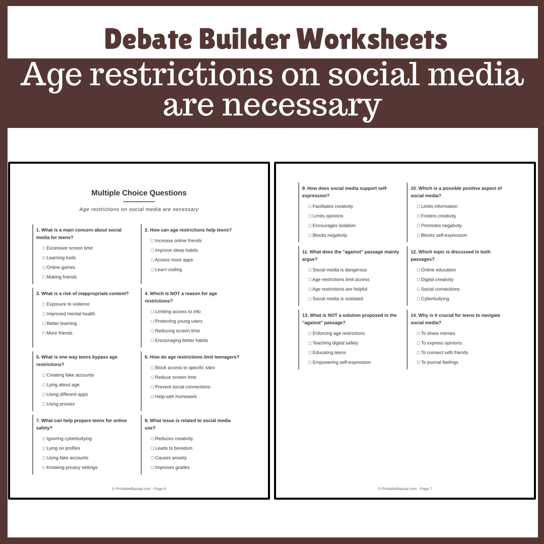 Age restrictions on social media are necessary | Favour and Against Worksheet Printable Activity