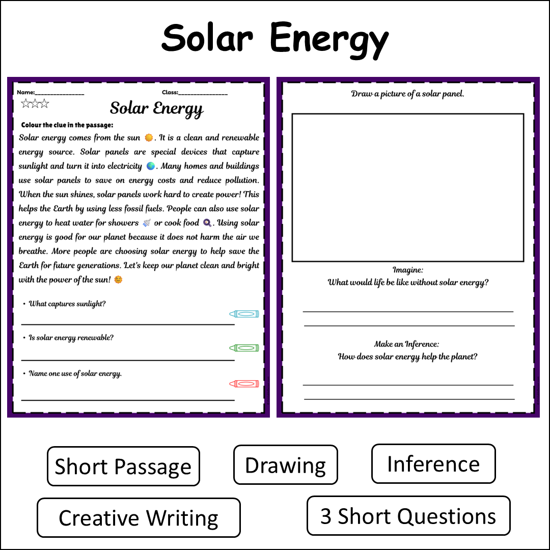 Solar Energy | Short Reading Comprehension Creative Worksheet