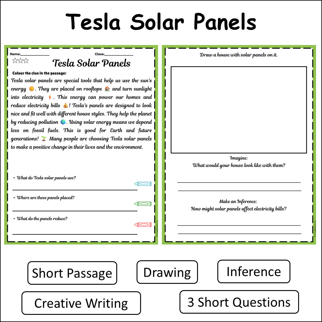 Tesla Solar Panels | Short Reading Comprehension Creative Worksheet
