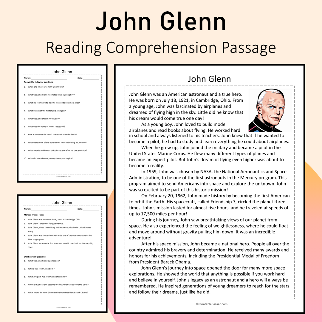 John Glenn | Reading Comprehension Passage Printable Activity