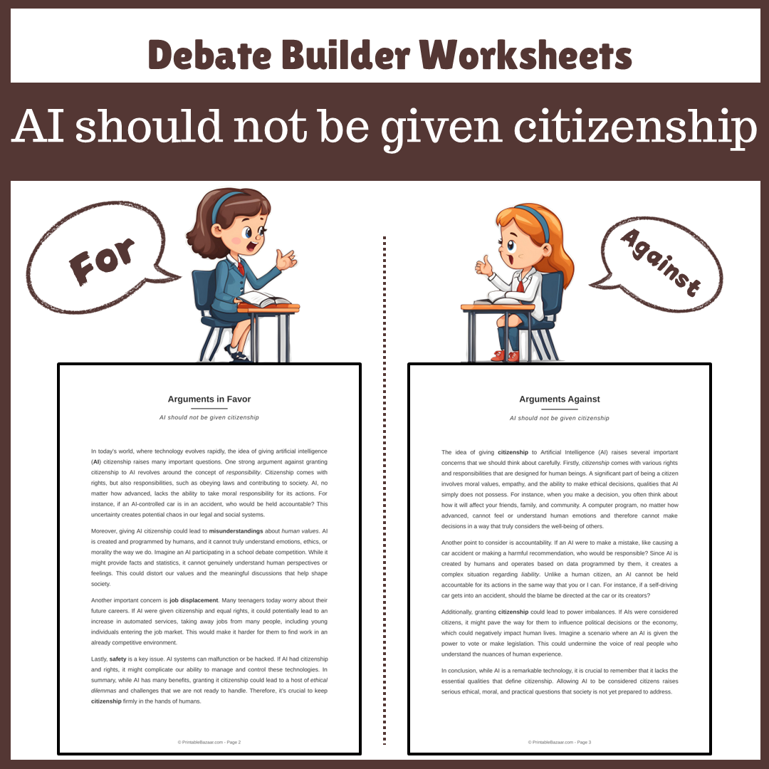 AI should not be given citizenship | Favour and Against Worksheet Printable Activity