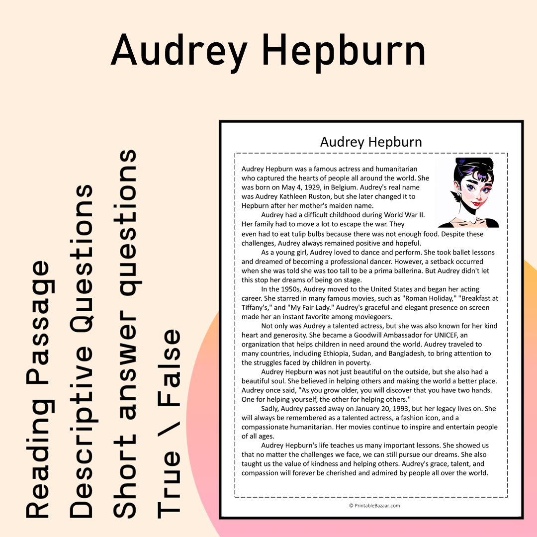 Audrey Hepburn | Reading Comprehension Passage Printable Activity