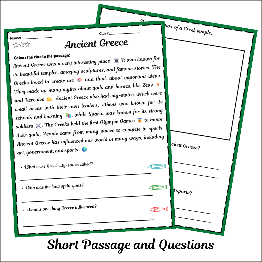 Ancient Greece | Short Reading Comprehension Creative Worksheet